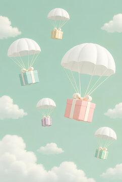 Surprise Gift Boxes Descending by Parachute in a Cloudy Sky
