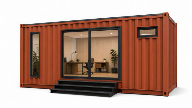 Orange shipping container converted into tiny office space with sliding glass generated using ai