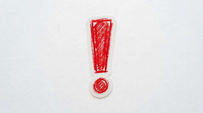 Red exclamation mark hand drawn with crayon sticker isolated on white background