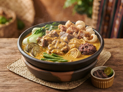 Authentic Filipino Kare-Kare a rich peanut stew with oxtail beef tripe mixed vegetables and chicharon served with bagoong and calamansi on a wooden table a traditional Asian comfort food