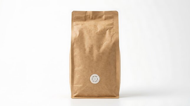 Blank kraft paper coffee bag mockup with degassing valve on white background