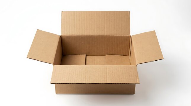 Empty brown cardboard box with open flaps positioned on a clean white surface ready for shipping and storage
