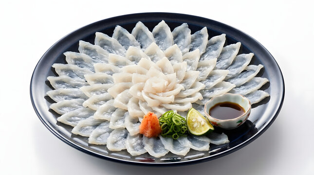 Exquisite traditional Japanese fugu sashimi known as tessa meticulously arranged in a beautiful chrysanthemum pattern on an elegant dark plate served with savory ponzu sauce grated daikon and