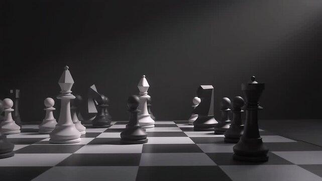 Strategic Showdown: A dramatic, low-angle shot of a chess game in progress, with intricately designed black and white pieces poised for battle on a checkered board.