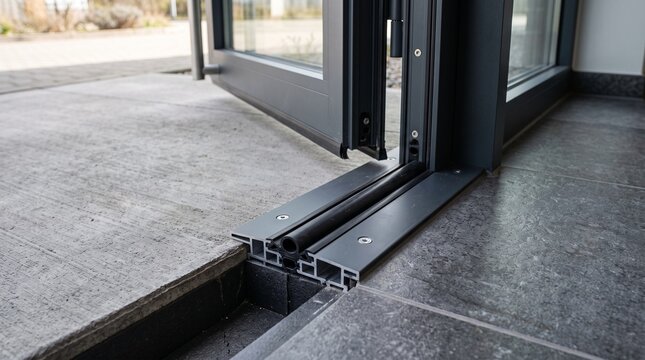 Energy Retrofit installation of modern threshold seal on a house entrance door with open metal frame