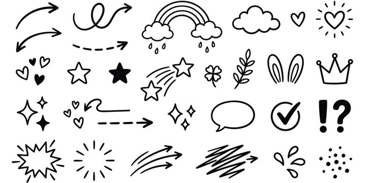 Hand drawn doodle elements set, black sketch arrows and stars on white background, cute vector icons for bullet journal and planners