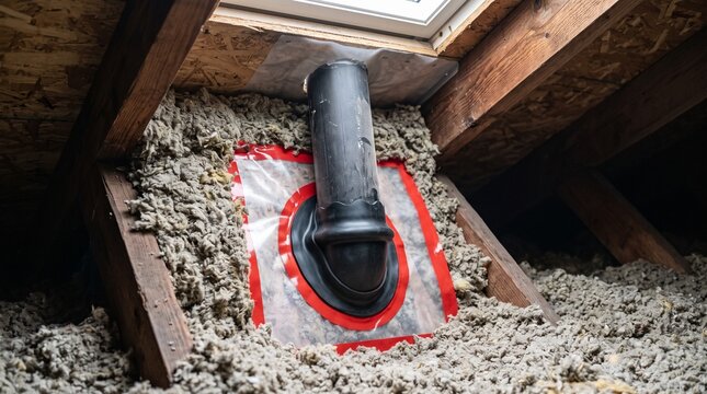 Energy Retrofit insulation work in an attic with cellulose blown-in material and ventilation pipe