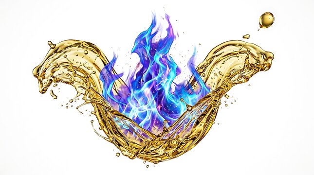 Stunning abstract explosion of golden liquid oil splashing dramatically around vibrant blue and purple fire flames isolated