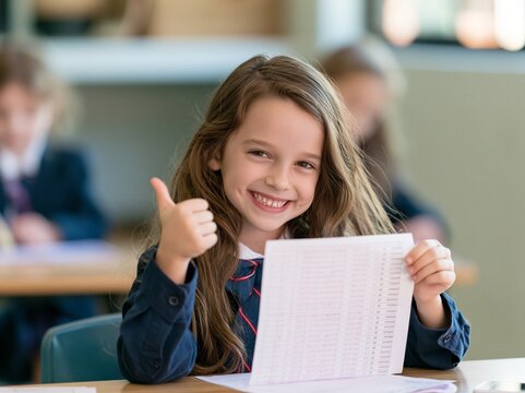学校教育や学習塾の成果をアピールする笑顔で満点答案を見せる女子小学生
