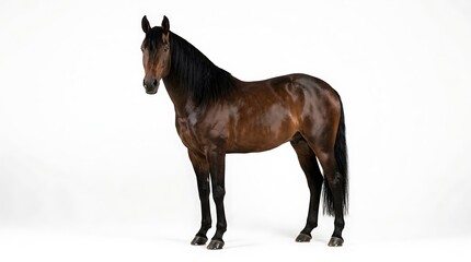 Obraz premium Stunning dark bay horse standing gracefully against a clean bright white studio backdrop with flowing black mane and tail