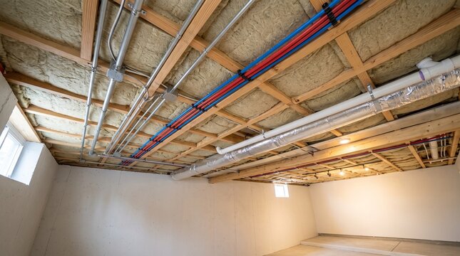 Energy Retrofit basement ceiling with exposed wood framing, insulation, electrical conduits, and plumbing pipes