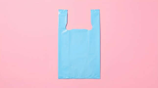 Blue plastic shopping bag on pink background.