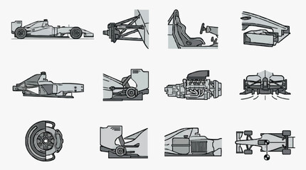 Obraz premium Detailed Line Art Exploded View of Formula Racing Car Components and Mechanics