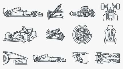 Obraz premium Detailed Line Art Exploded Views of Formula Racing Car Components and Mechanics