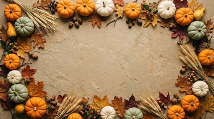 Fototapeta premium Autumn Harvest Arrangement With Pumpkins Cranberries Fall Leaves