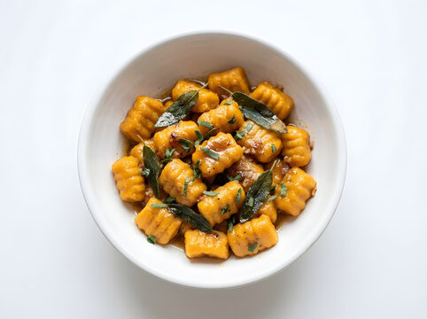An overhead view of delicious homemade pumpkin gnocchi served with aromatic fried sage leaves and rich melted brown butter sauce in a clean white ceramic bowl over a bright white background