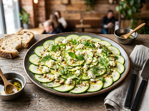 Zucchini carpaccio salad with thin zucchini crumbled feta cheese pine nuts mint dill and arugula herbs balsamic glaze and olive oil served on a rustic wooden table in a cozy cafe