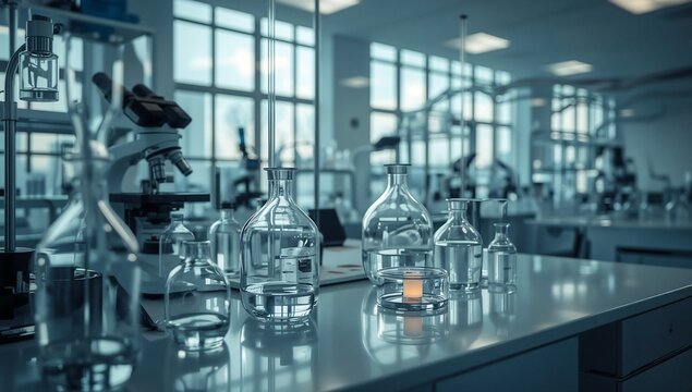 Generative AI depicts a modern laboratory with glassware and scientific equipment
