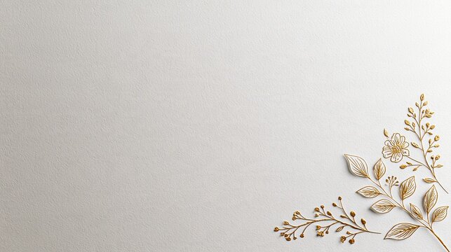 上質な和紙テクスチャに添えられた金色の花枝レリーフが慶事を祝う背景素材 コピースペース