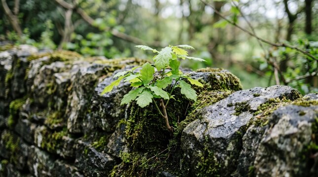 Young green plant growing from mossy stone wall, nature reclaiming old structure, resilience and growth concept, close-up of vegetation in forest environment, organic life emerging from rocks.