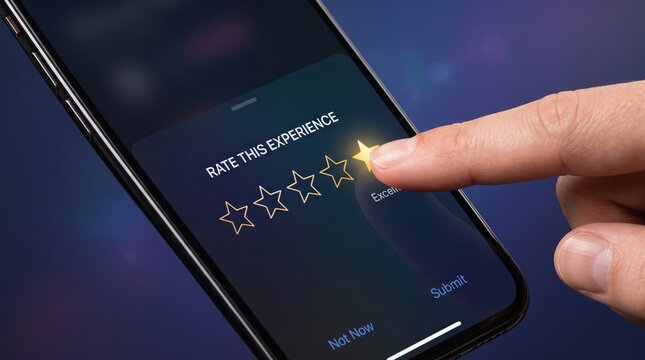 Close up of finger selecting five stars to rate customer service experience on smartphone screen, positive feedback survey, user satisfaction rating, mobile app review system for business evaluation.