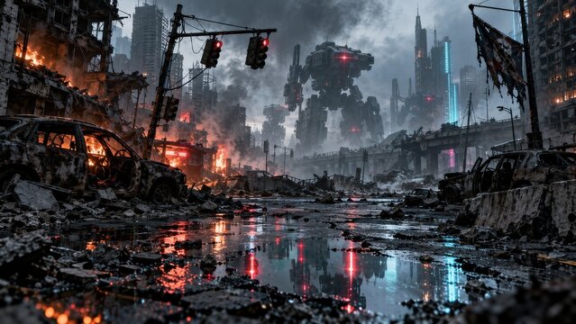 Giant mechs advancing through a burning dystopian city
