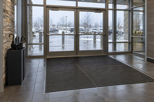 Winter shopping center vestibule with recessed entry mat