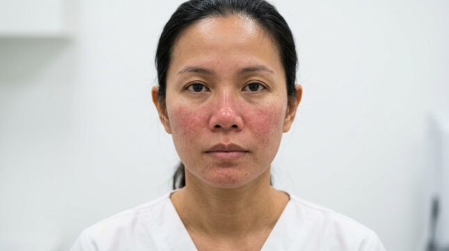Close up portrait of an Asian woman showing visible rosacea symptoms, skin redness, and inflammation on her cheeks and nose in a medical consultation room setting