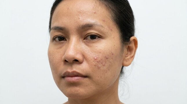 Close-up portrait of an Asian woman with problematic skin, showing acne, pimples, blemishes, and acne scars on her face, highlighting natural skin texture and skincare concerns.