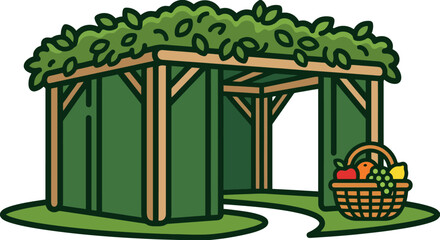 Obraz premium Wooden garden shelter covered in green foliage with a fruit basket