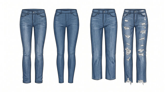 Types of Jeans Fashion Chart Set A, Denim Style Reference Illustration