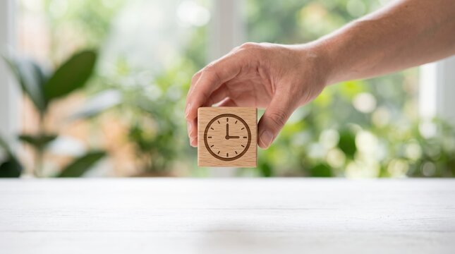 A close-up of a hand holding a wooden block engraved with a clock face, symbolizing time management, productivity, scheduling, and the concept of valuing time in a bright, modern office setting.