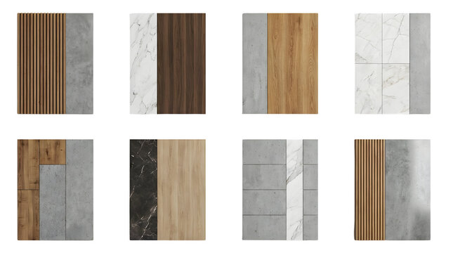 Modern interior material swatches, collection of 8 architectural textures with wood marble and concrete, luxury surface finish samples for design