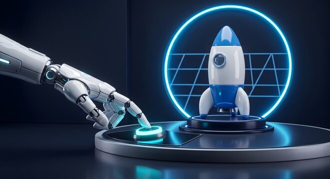 Robot hand pressing launch button next to futuristic toy rocket on podium, business startup and artificial intelligence technology concept