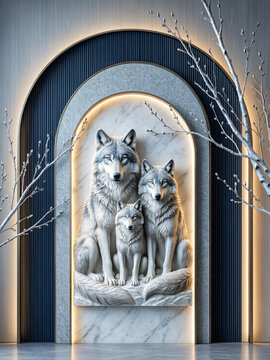 Three wolves carved in marble relief set within an illuminated arched wall niche with winter branches