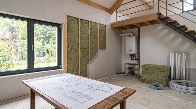 Interior view of an energy retrofit in a house featuring wall insulation, modern heating equipment, and architectural blueprints on a wooden table