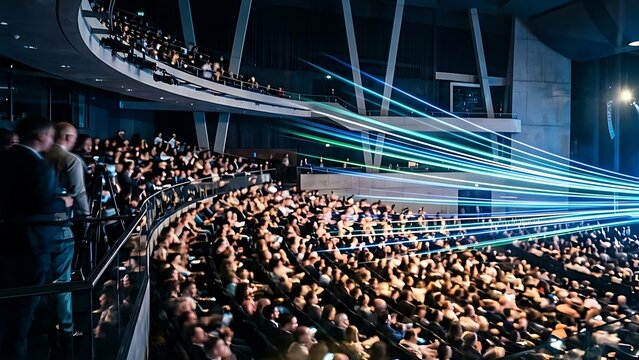 Stunning laser show illuminating a large packed auditorium filled with an enthusiastic audience during a spectacular live event