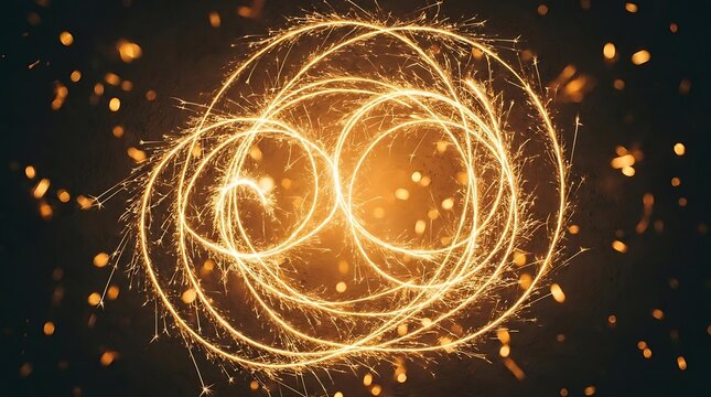 Abstract golden sparkler light painting in circular motion.
