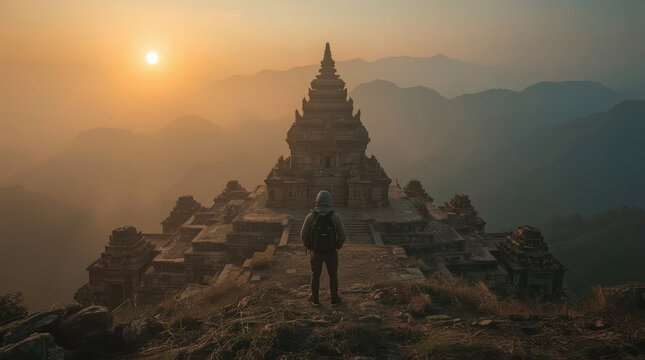 Ancient temple ruins with traveler facing misty mountain sunrise