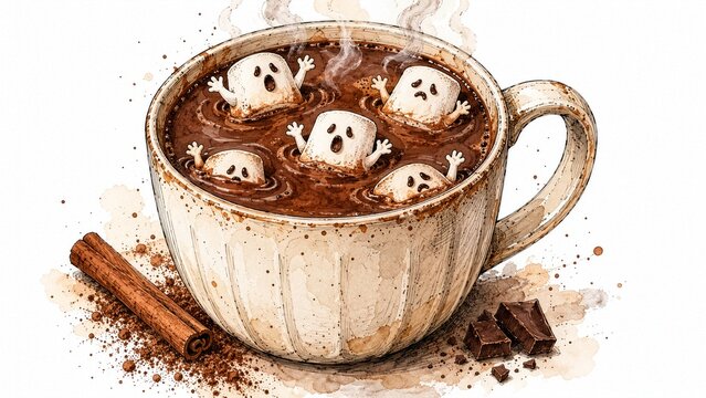 Cup of hot chocolate with drowning marshmallow ghosts, whimsical spooky Halloween beverage concept