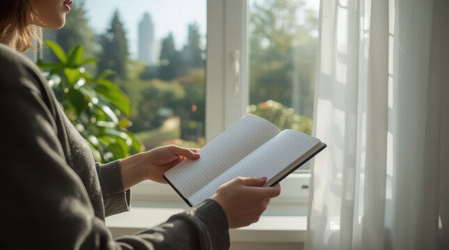 Woman reading notebook by bright window, beginning reflective new chapter after heartbreak