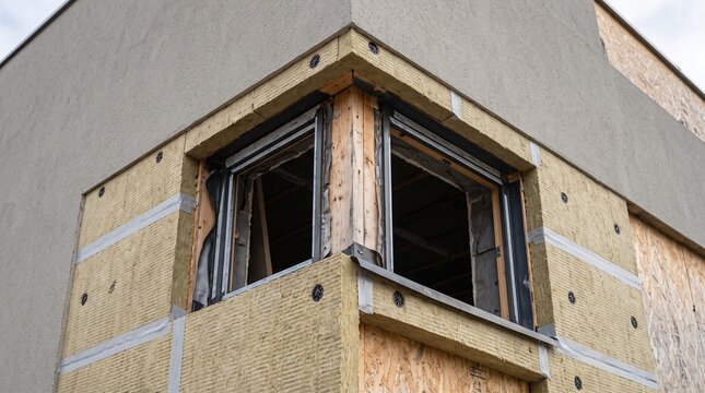 Energy Retrofit of a modern building facade with insulation boards and window installation during renovation