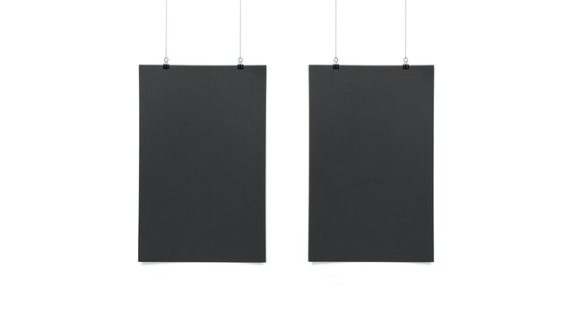 Two empty black posters hanging from clips for your design mockup