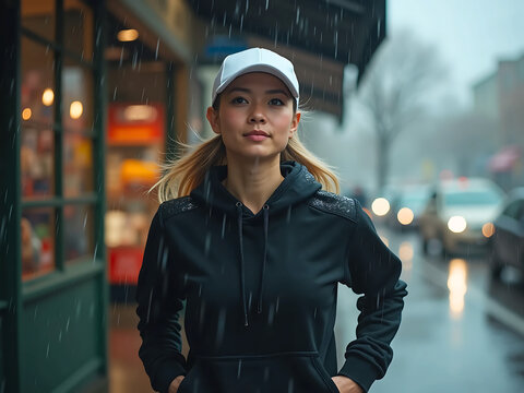 ランニング中に店先で雨宿りをする黒パーカー女性（右側に余白あり）