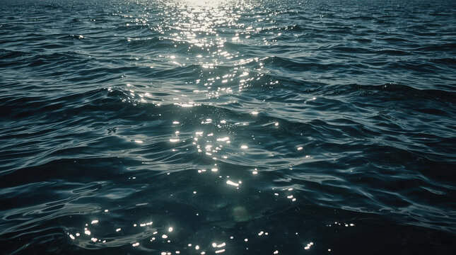 Ocean surface, sparkling sunlight, dark water texture