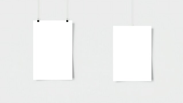 Two blank paper posters hanging from clips on a clean wall