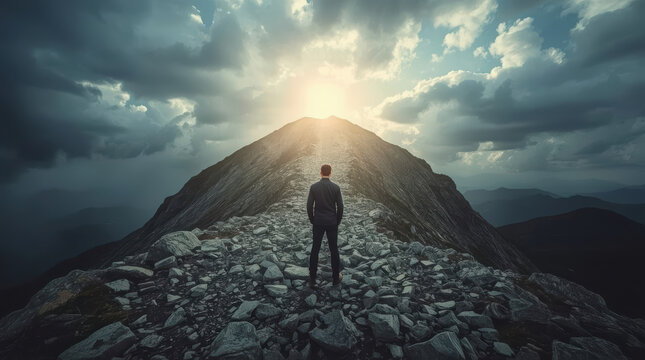 Mountain summit person overcoming obstacle