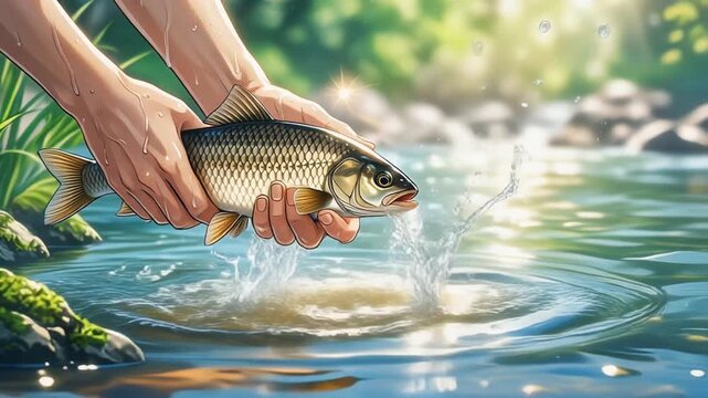 Hands releasing a caught fish back into the calm lake water at golden hour sunset
