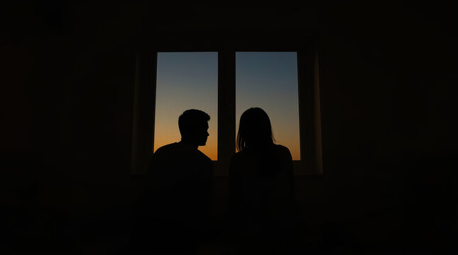 Silhouette couple viewing sunset through window in peaceful togetherness