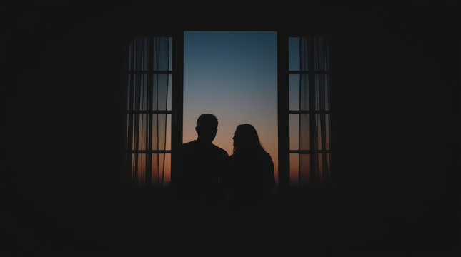 Silhouette couple beside window at sunset showing peaceful togetherness